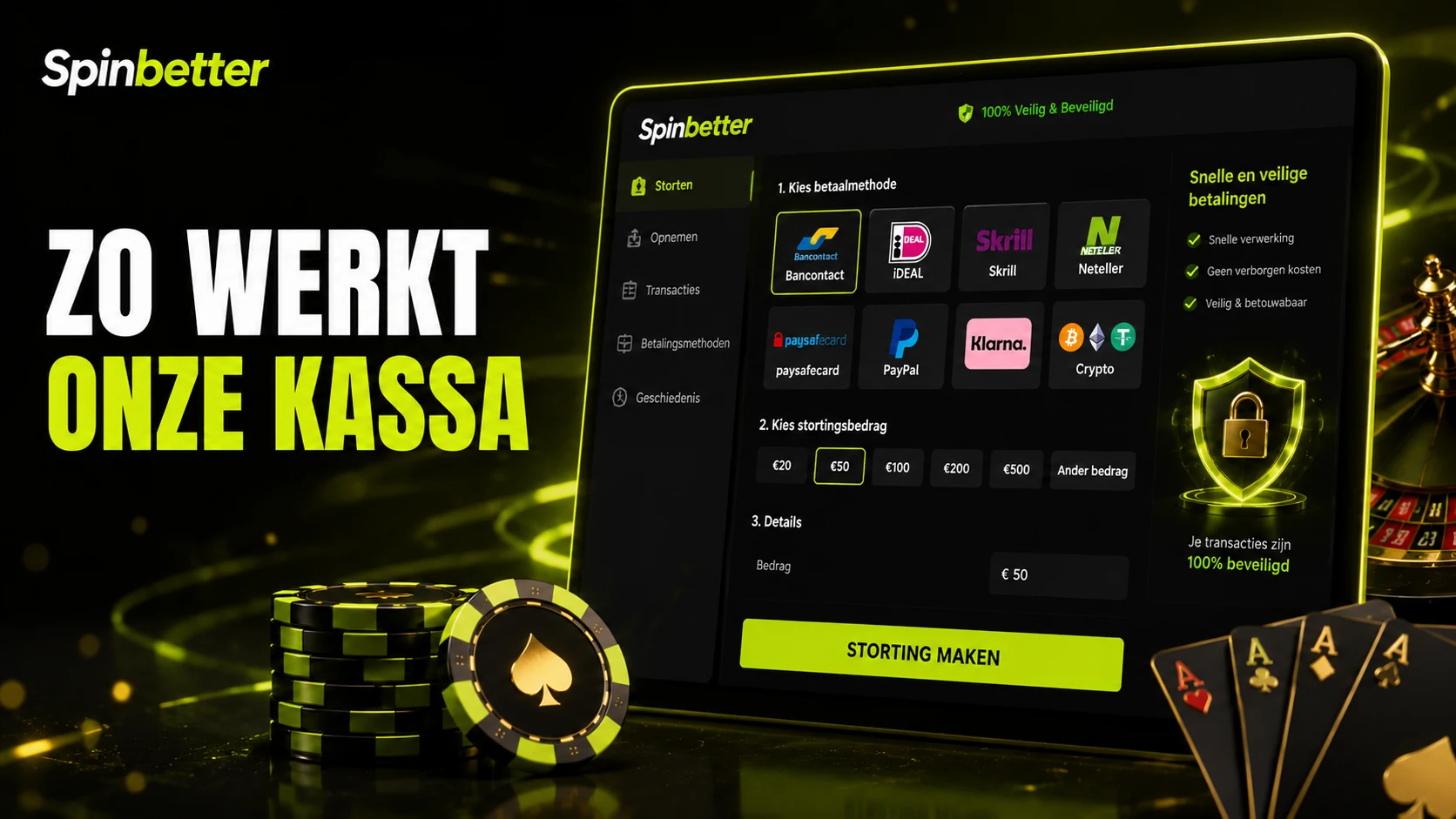 de kassa van SpinBetter casino: storten en uitbetalen in euro